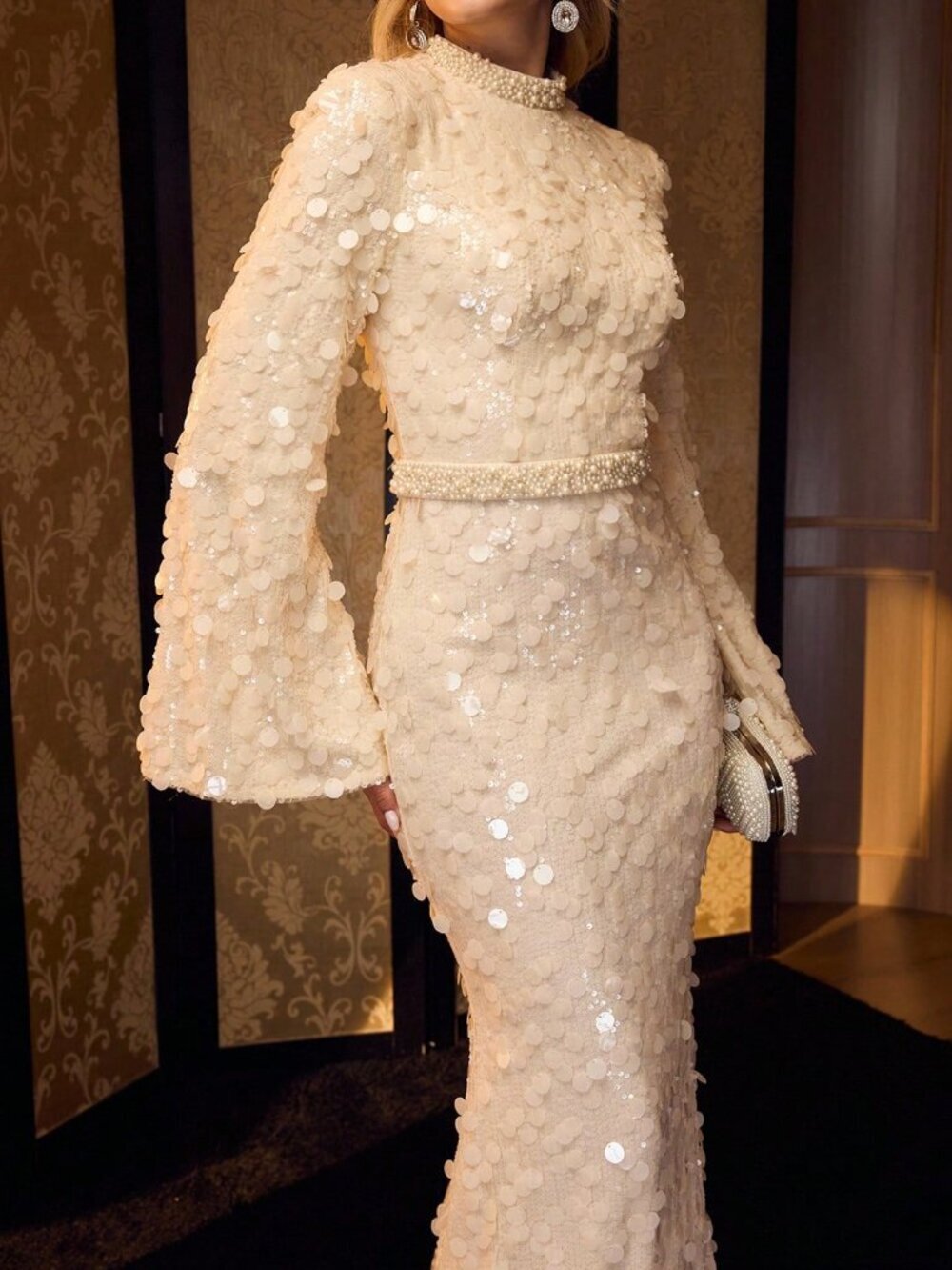 Apricot Elegant Women's Mock Neck Luxury Mermaid Formal Dress with Pearl Details - Picture 3 of 6